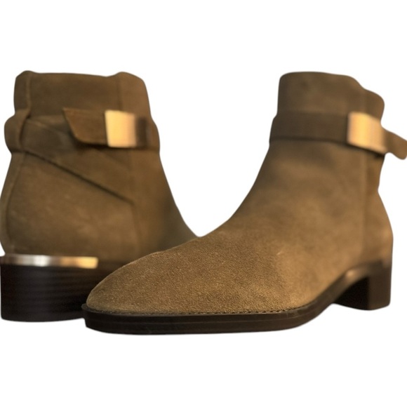 Calvin Klein Shoes - Calvin Klein Tan Suede Ankle Booties Metal Hardware Wrapped Strap Block Heel